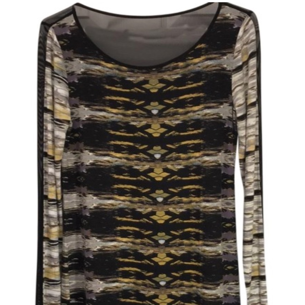 Silence+noise black gold yellow long sleeve print dress Mesh detailing b…
